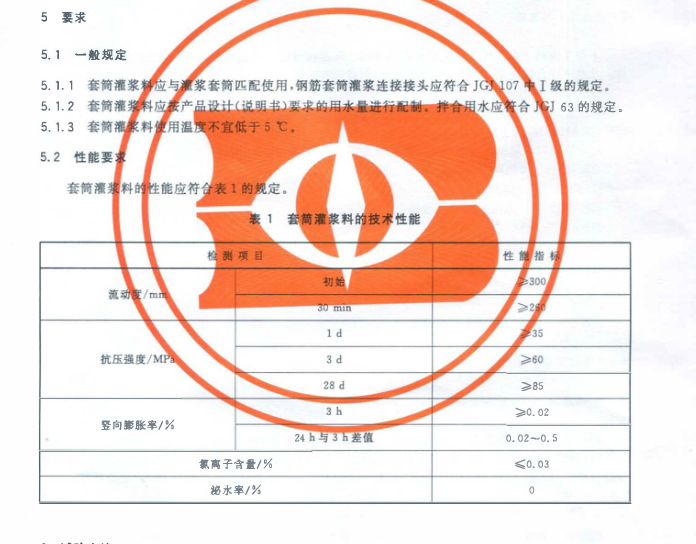 套筒灌浆料性能指标